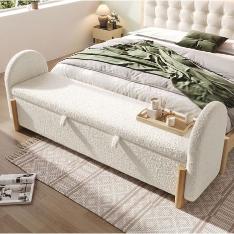 Banc coffre 186 cm avec rangement hydraulique soft-close, tissu bouclette blanc, pieds en bois (1/5)