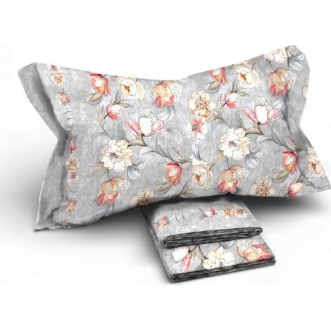 Completo Lenzuola Matrimoniale MAXI Fior di Perla Grigio 100% Cotone – Fantasia Floreale, Sotto con Angoli