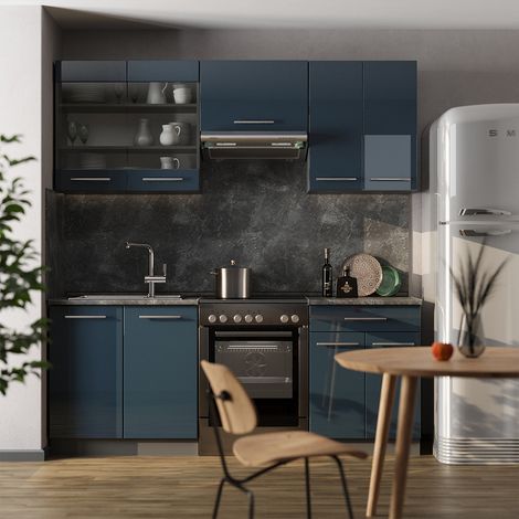 Cuisine Fame-Line, Bleu foncé brillant/Anthracite, 200 cm sans plan de travail, Vicco