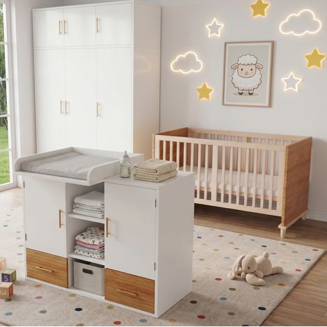 Chambre bébé complète avec table à langer, rangements à étages, structure stable, bois naturel et blanc