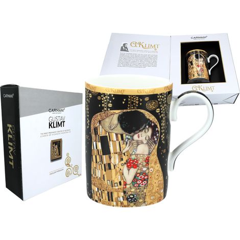 Elegante tazza in porcellana con l'immagine del bacio di Gustav Klimt, perfetta come regalo.