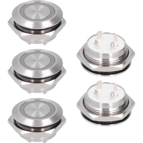 5 Stück Momenttaster aus Metall, automatische Rückstellung, ultradünn, wasserdicht mit LED, 19 mm, DC 12–24 V, rot (1/5)