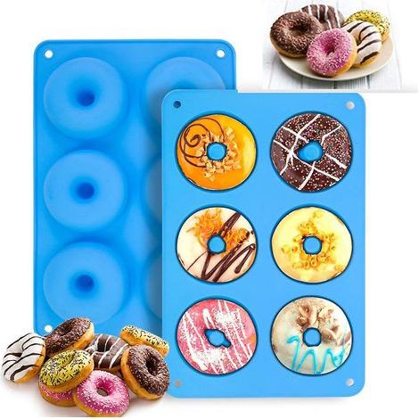 Moule à donuts en silicone, antiadhésif, pour 6 donuts de taille standard parfaitement formés, pour biscuits et gâteaux, bleu (1/4)