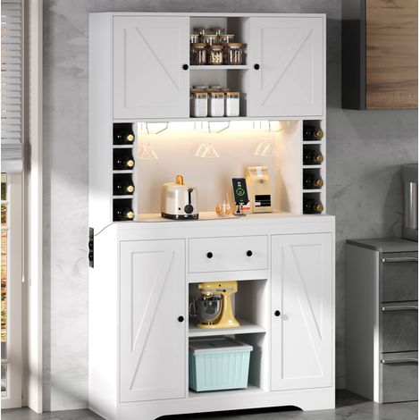 Buffetschrank 105x40x180 cm weiß aus MDF mit LED-Beleuchtung, Steckdosen, Weinglashalter und verstellbaren Böden (1/5)