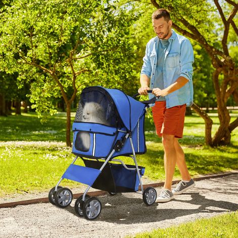 Poussette pour chien, chariot pour animaux, jogger, remorque pour chiens bleue, pliable et légère, idéale pour les excursions (1/3)