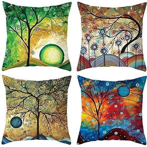 Set aus 4 Kissenbezügen, 45x45 cm, aus Baumwolle und Leinen, mit buntem Baummotiv, für die Dekoration von Zuhause oder dem Sofa.