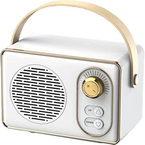 Enceinte rétro blanche, portable et sans fil, au son clair, idéale pour la maison, les voyages et les activités de plein air. (1/5)