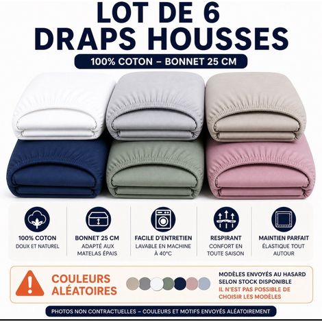 Lot de 6 Draps Housses Coton 57 Fils/cm² – Bonnet 23-25 cm. Taie d'Origine 137x190cm. Couleurs et Motifs Aléatoires Envoyés au Hasard (Multicolore 137x190cm). Literie Douce. (1/4)