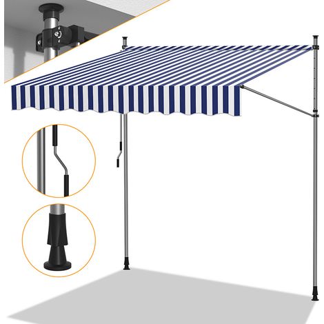 Jiubiaz Klemmmarkise mit Handkurbel, 300x120cm Balkonmarkise, UV-beständig 50+ höhenverstellbar Sonnenschutz ohne Bohren für Terrasse und Balkon Blau Weiß