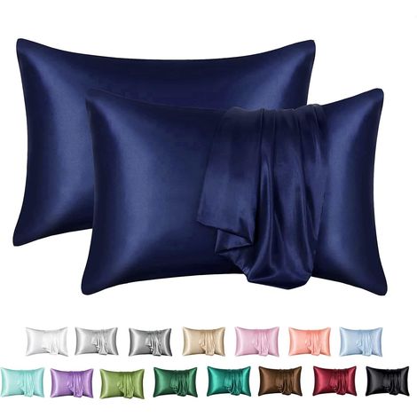 Taies d'oreiller en satin 50x70, lot de 2, housses douces avec fermeture enveloppante, bleu marine, pour un confort optimal. (1/5)