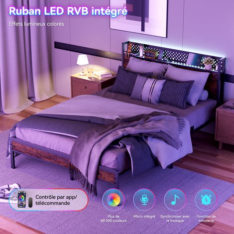 lit double avec éclairage LED et station de Chargement, lit adulte 140x190 cm, avec tête de lit Rangement,robuste, 14 Lattes sommier métalliques, brun