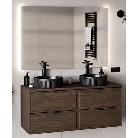 Ensemble Salle de Bain 120 cm + Plateau + Double Vasques Noires + Miroir LED - Caldera Foncé - Livraison gratuite
