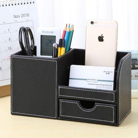 Organiseur de bureau - Simili cuir - 4 compartiments avec tiroir inférieur coulissant - 1 pièce - Blanc - Idéal pour la maison et le bureau (1/5)