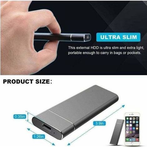 Disque dur externe SSD 2 To – USB 3.0 haute vitesse – Antichoc en aluminium – Ultra mince et portable – Conception optimisée pour transfert rapide