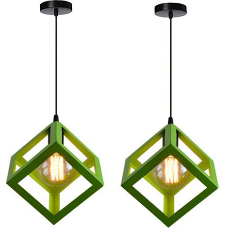 2X Retro Ceiling Lights Modern Hanging Lamp Square Pendant Light (Color:Green) Iron Metal Cage Pendant Light Creative Geometric Ceiling Light