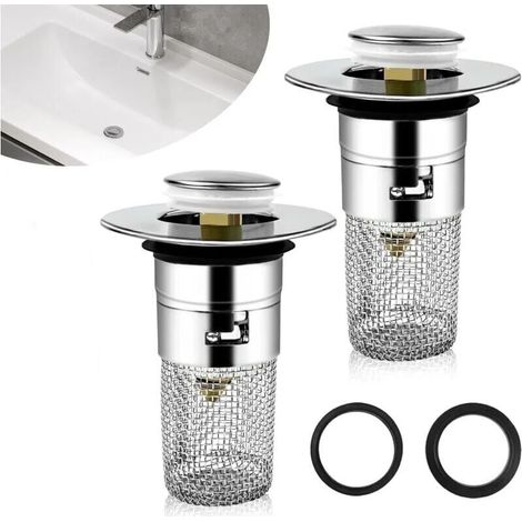2 Stück Spülbeckenablaufstopfen, Waschbeckenablauf mit herausnehmbarem Filter 33–40 mm, universeller Pop-Up-Ablaufstopfen für Badezimmerwaschbecken, Edelstahl-Bodenablauffilter für Bad und Küche (1/4)