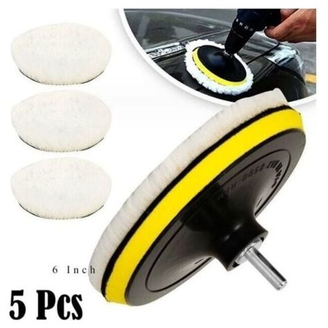 5 Pices 150mm Tampon de Polissage en Laine, Disque Polissage ponge de Polissage Pads Kit Polissage Voiture pour avec M14 Foret pour Perceuse pour Polissage de Voiture Meulage Cirage