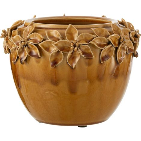 Cache-Pot en Céramique "Fleur Design" 21cm Ocre