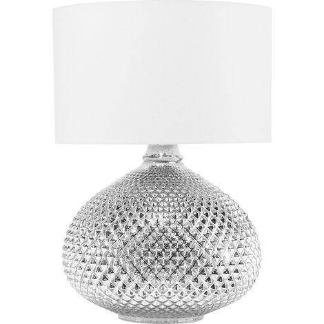 Beliani – Lampe à poser moderne argentée et blanche – Abat-jour rond en polycoton – Base en verre – E14 Max 40W – Éclairage salon chic (1/5)