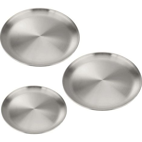 Lot 3 plateaux ronds inox 304 brossé argent déco cuisine maison polyvalent café présentation sécurité durable (1/5)