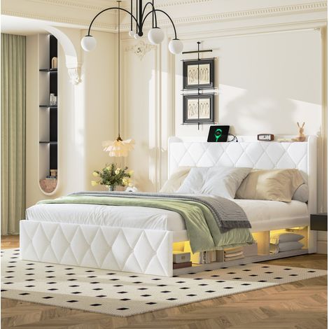 Cama tapizada Teddy blanca 160x200 cm con cabecero capitoné wingback, USB integrada, LED y somier de láminas