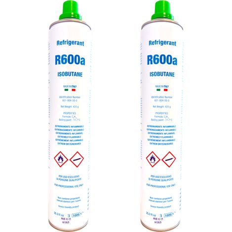 Pack 2 Gas R600a Isobutano 420g  Rosca 7/16"  Refrigerante Ecológico para Frigoríficos y Congeladores  840g Total
