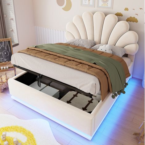 Cama tapizada 140x200 cm beige de terciopelo con almacenaje hidráulico e iluminación LED (1/5)