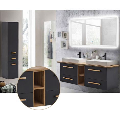 Badmöbel Set anthrazit mit Landhaus Eiche DABO-04 Doppelwaschtisch, LED-Spiegelschrank & Hochschrank, B/H/T 210/200/50 cm (1/5)