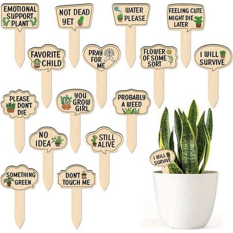 15 segnapiante in legno, paletti per piante, accessori da giardino per interni ed esterni. Divertenti segnapiante con paletti, con frasi spiritose e disegni carini. (1/5)