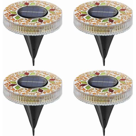 Lot de 4 lampes solaires mosaïques en forme de disque, alimentées à l'énergie solaire, pour allée extérieure - Lampes solaires LED artisanales résistantes aux intempéries avec allumage/extinction auto (1/5)