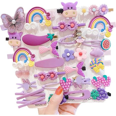 Lot de 28 Pinces à cheveux, Résine, Motifs fleurs fruits arc-en-ciel, Antidérapant, Pour filles enfants (1/4)