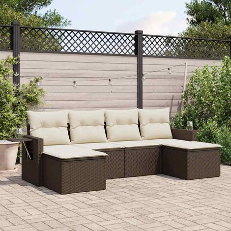 Set sofás de jardín 6 piezas y cojines ratán sintético marrón
