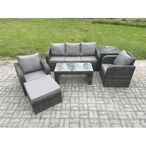 Fimous Salon de jardin Ensemble avec Chaise inclinable Table basse Table d'appoint Grand tabouret Gris foncé mixte (1/5)