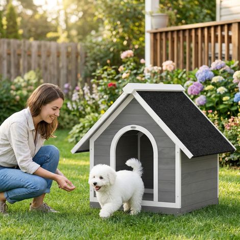 Niche pour chien extérieur – Maison pour chien à corps entièrement ouvrant pour nettoyage facile. dimensions 84 x 101 x 86 cm. gris et blanc – Abri confortable et hygiénique (1/5)