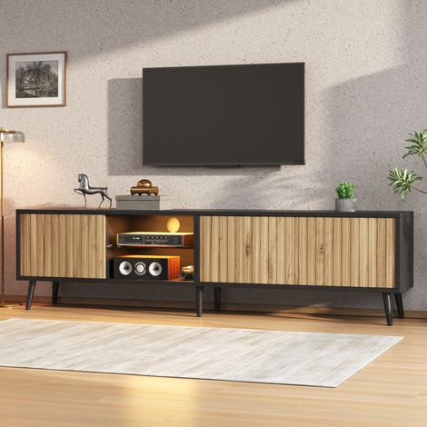 Meuble TV Moderne LED 175 cm Bois Naturel et Cadre Noir - 3 Portes, Niches Ouvertes et Charnières Sécurisées - pour Salon et Chambre