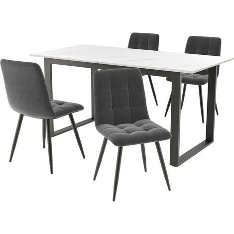 Conjunto de mesa de comedor extensible blanca 140/180x80x75 cm con 4 sillas grises (1/5)