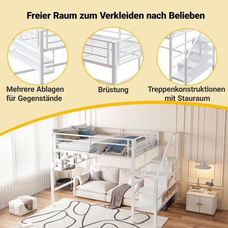 Lit mezzanine,140200 cm,étagères,échelle de rangement,espace libre sous le lit pour s’habiller,rampe,sans matelas,blanc