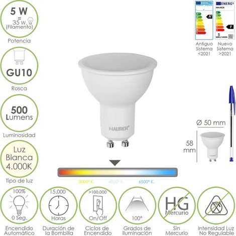 Bombilla Led Dicroica Rosca GU10. 5 Watt. Equivale A 35 Watt. 500 Lumenes. Luz Neutra 4000º K