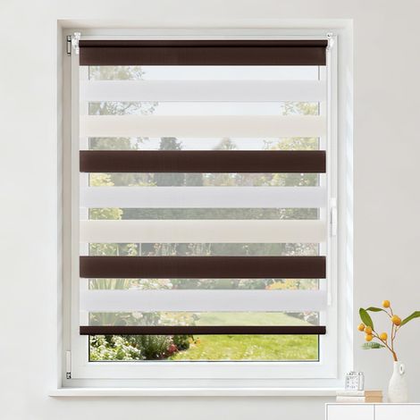 1 Store Jour Nuit Sans Perçage, Tissu Polyester Réglable, Fixation Clips Fenêtre, Blanc Beige Marron, 40x120 cm