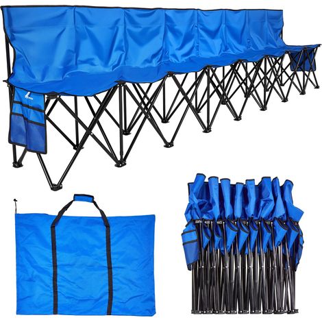 Banc pliant portable à 8 places, banc de camping pliable avec poches de rangement et sac de transport, siège latéral léger avec dossier pour football, baseball et événements en plein air, bleu (1/5)