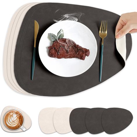 Lot de 6 Set de table et Dessous de verre, Réversible Double face, Cuir Imperméable, Résistant chaleur 100°C, Maison Restaurant (1/5)