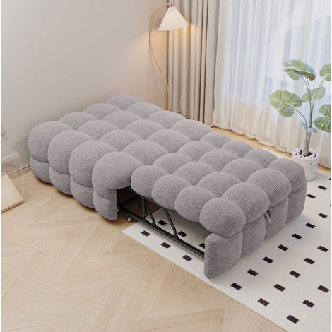 Canapé-lit 2-en-1 en tissu teddy gris 183x76x42 cm, pouf convertible avec assise rembourrée