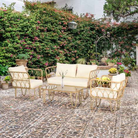 Ensemble salon de jardin canapé 2 places + 2 fauteuils + 1 table basse plateau verre trempé 7 coussins écru