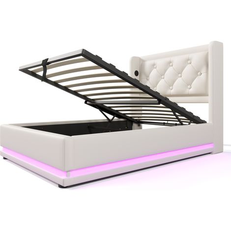 Cama con almacenaje 90x200 cm blanca en PU con LED 3 lados y USB-C MODENUIT (1/5)
