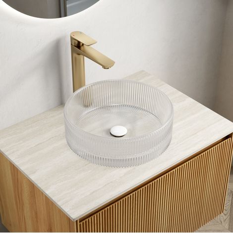 Lavabo da appoggio rotondo in vetro cristallo trasparente 36 cm, bacinella bagno con decoro rigato (1/5)