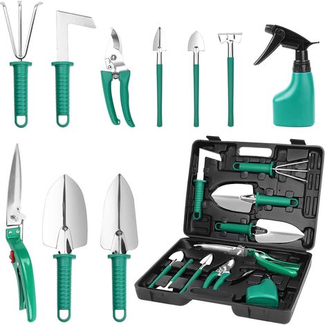 Ensemble d'outils de jardin en acier inoxydable, outils de jardin, pelle, râteau, ciseaux, arrosoir, accessoires de jardin (10 pièces vertes) (1/5)