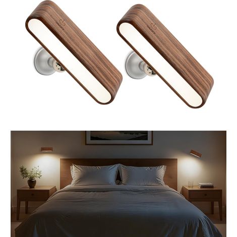 Applique murale LED en bois (2 pièces) – Noyer noir – Rotation magnétique à 360° – Rechargeable – Luminosité réglable – Idéale pour la table de chevet, le couloir et le salon (1/4)