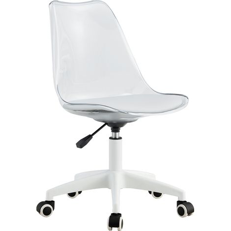 Chaise de bureau pivotante avec dossier transparent en acrylique, réglable en hauteur, assise en PU blanc (1/5)