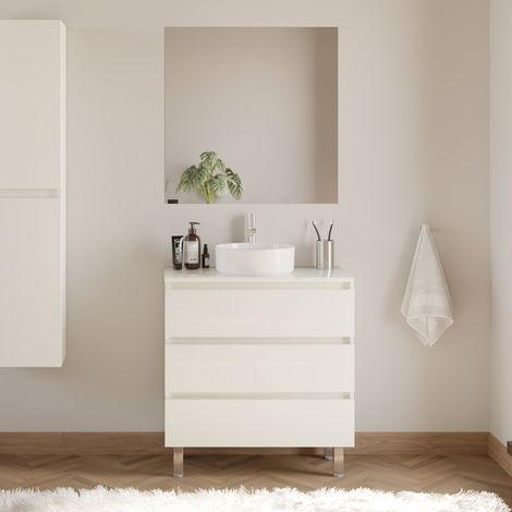 Meuble de salle de bain 80cm avec plateau et vasque à poser ronde - 3 tiroirs - blanc brillant - MAYOR