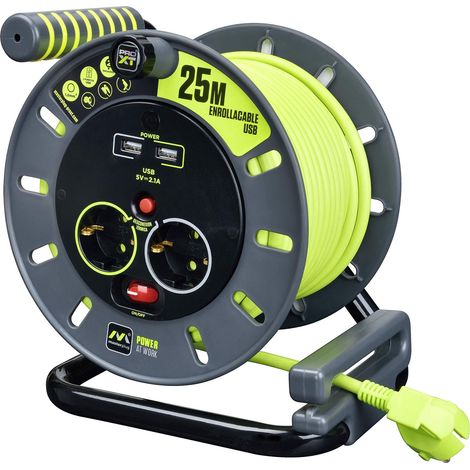 Masterplug Pro-XT Avvolgicavo 25 metri, 4 Prese EU Schuko, 2 USB, Prolunga Elettrica 16A, Protezione Termica, Cavo Alta Visibilità (1/5)